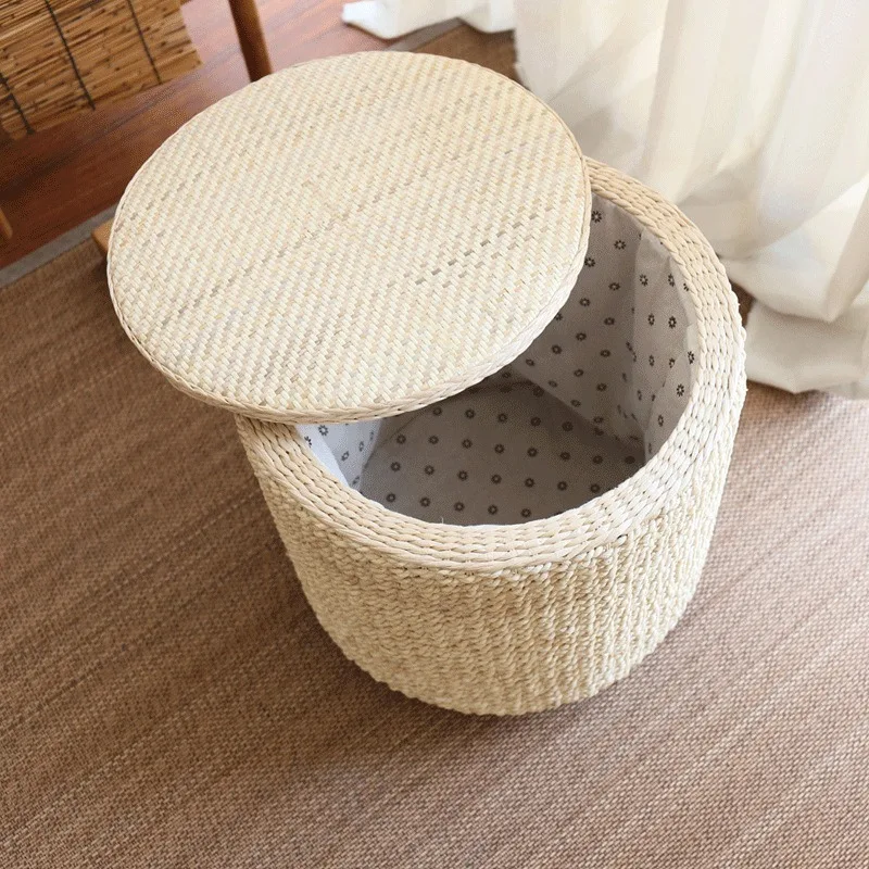 Nordic pastoral rattan storage stool, removable storage shoe changing stool, living room stool with pulley stool creative seat