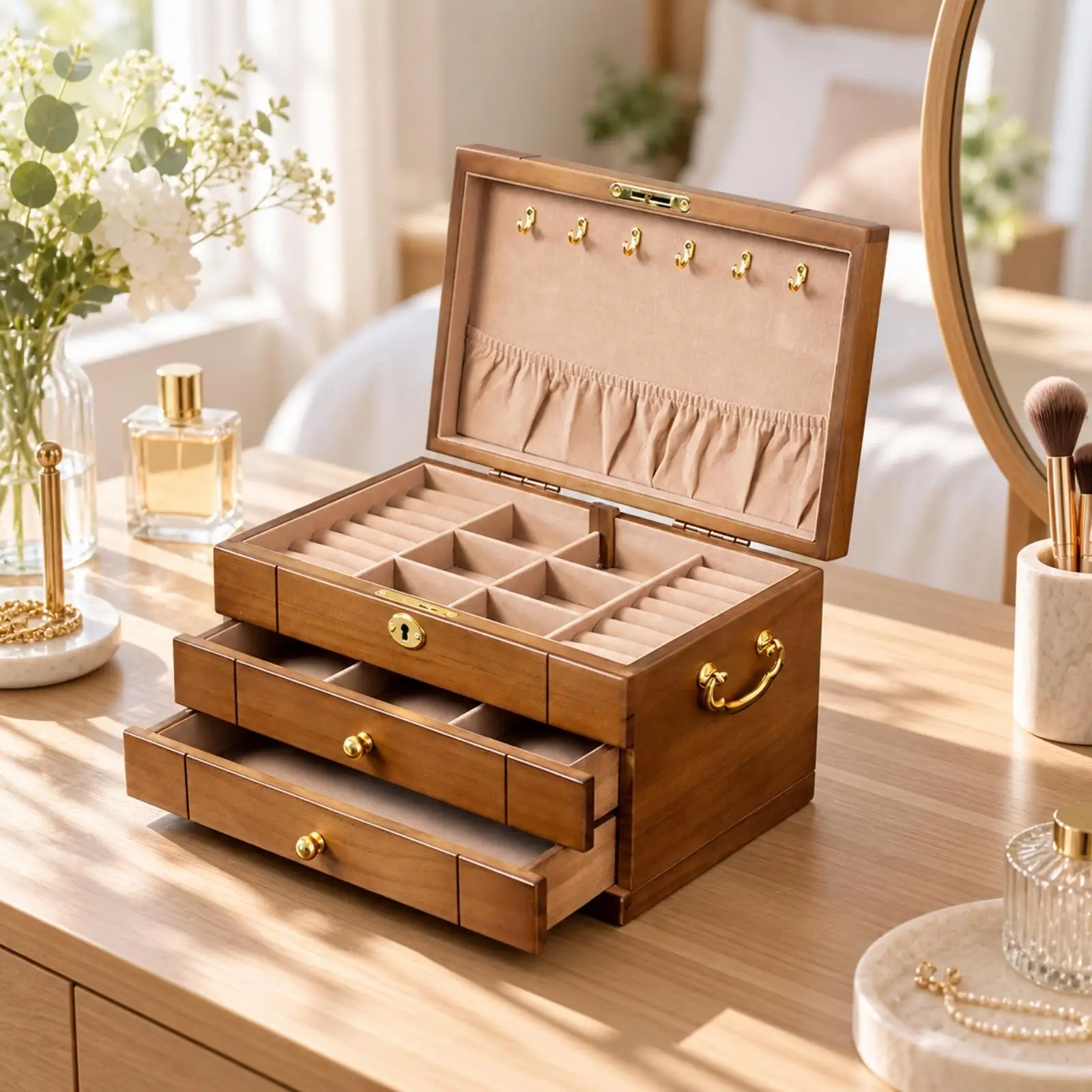 Solid Wood Jewelry Box Versatile Lockable Jewelry Box with Hinged Lid for Everyday Accessory Organization, Dressing Table,