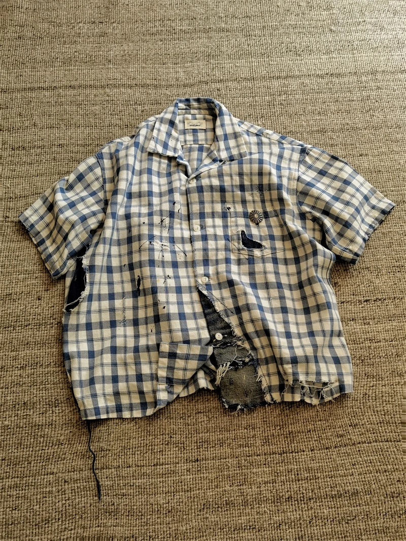 Vintage Damaged Cuban Neck Plaid Shirt Patch Ripped Washed Short Sleeve Shirt