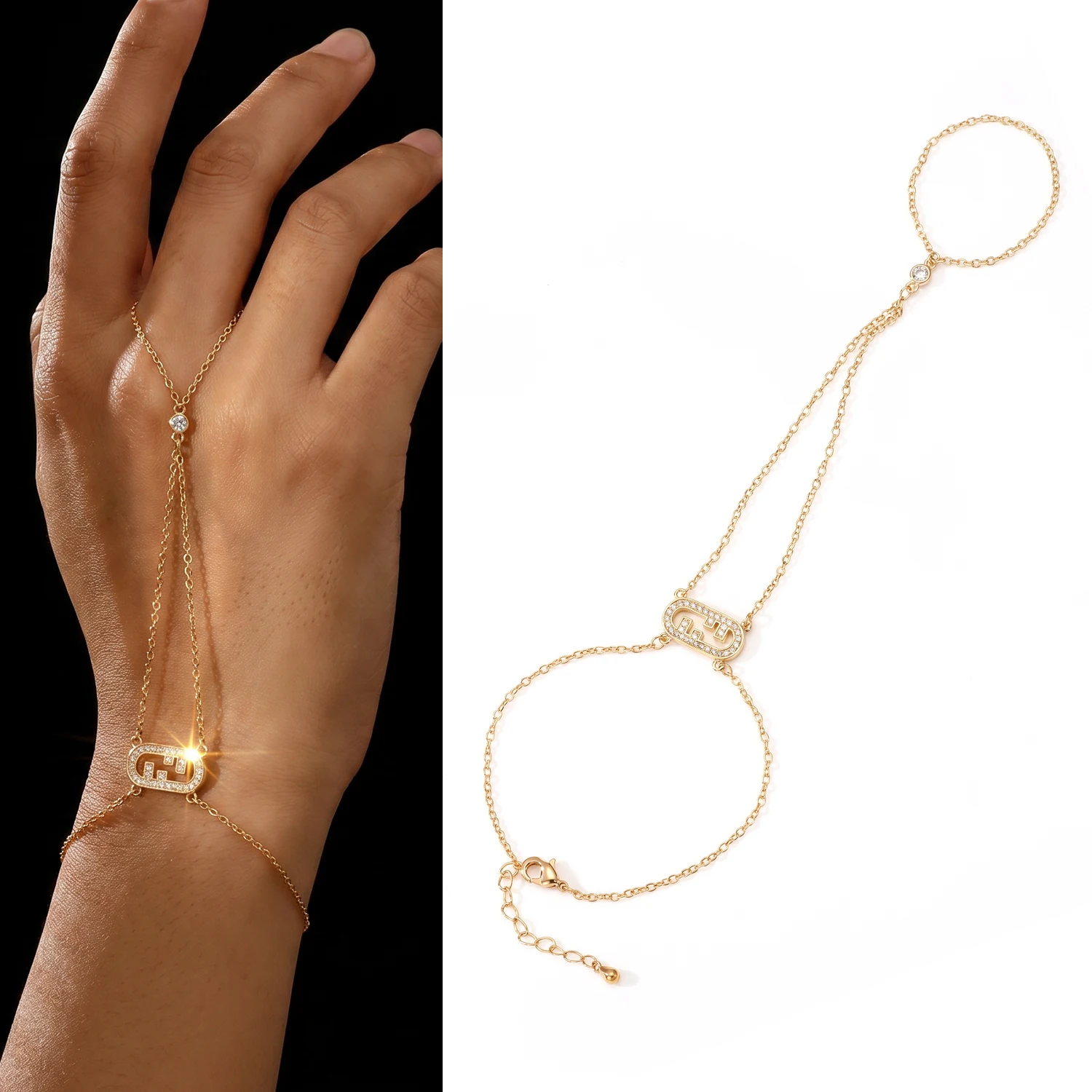 Women Slave Chain Bracelet Ring Delicate Hand Chain Wristband Connected Finger Ring With Oval Accent Elegant Wrist Ornament
