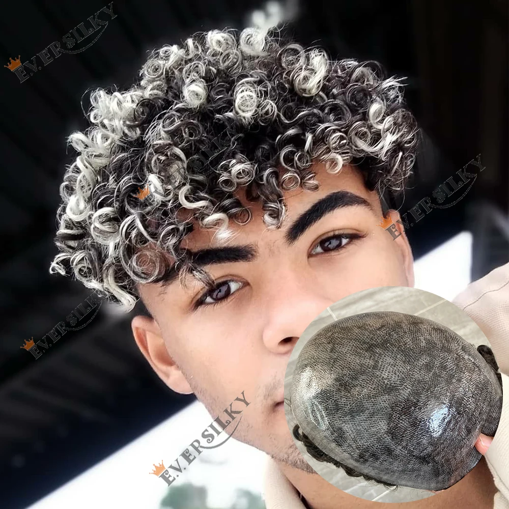 Afro 15mm Curly New Toupee For Men African American Wigs Grey Black Human Hair Invisible Skin Pu Replacement System Prosthesis