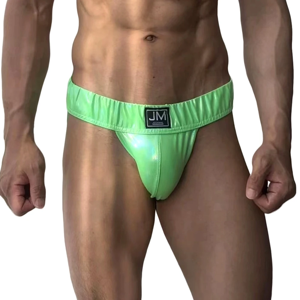 Jockmail Men Jockstrap G Strings Sexy Underwear Low-waist Laser Pu Leather Thong Erotic Penis Pouch Panties Bikini Underpants