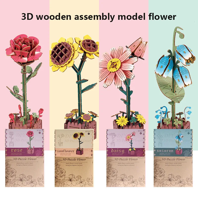 

Simulation Rose Handmade DIY Material Kit, Wooden Children's 3D Stereoscopic Puzzle, Parent - Child Interactive Handmade Toy Set