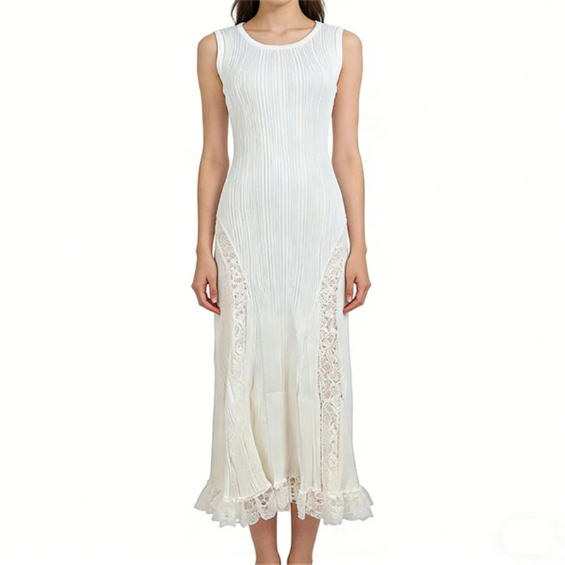 

Summer New round NeckSleeveless Knitted Long Dress Lace Panel SideStitching Vest Dress Casual Holiday Wedding Guest High Quality