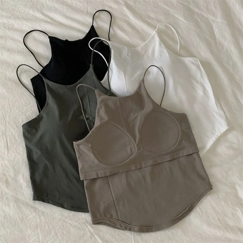 Washable Seamless Women's Camisole Chest Padded Solid Color Cami Tank Top Skin-friendly Breathable Halter Crop Tank Outer Wear