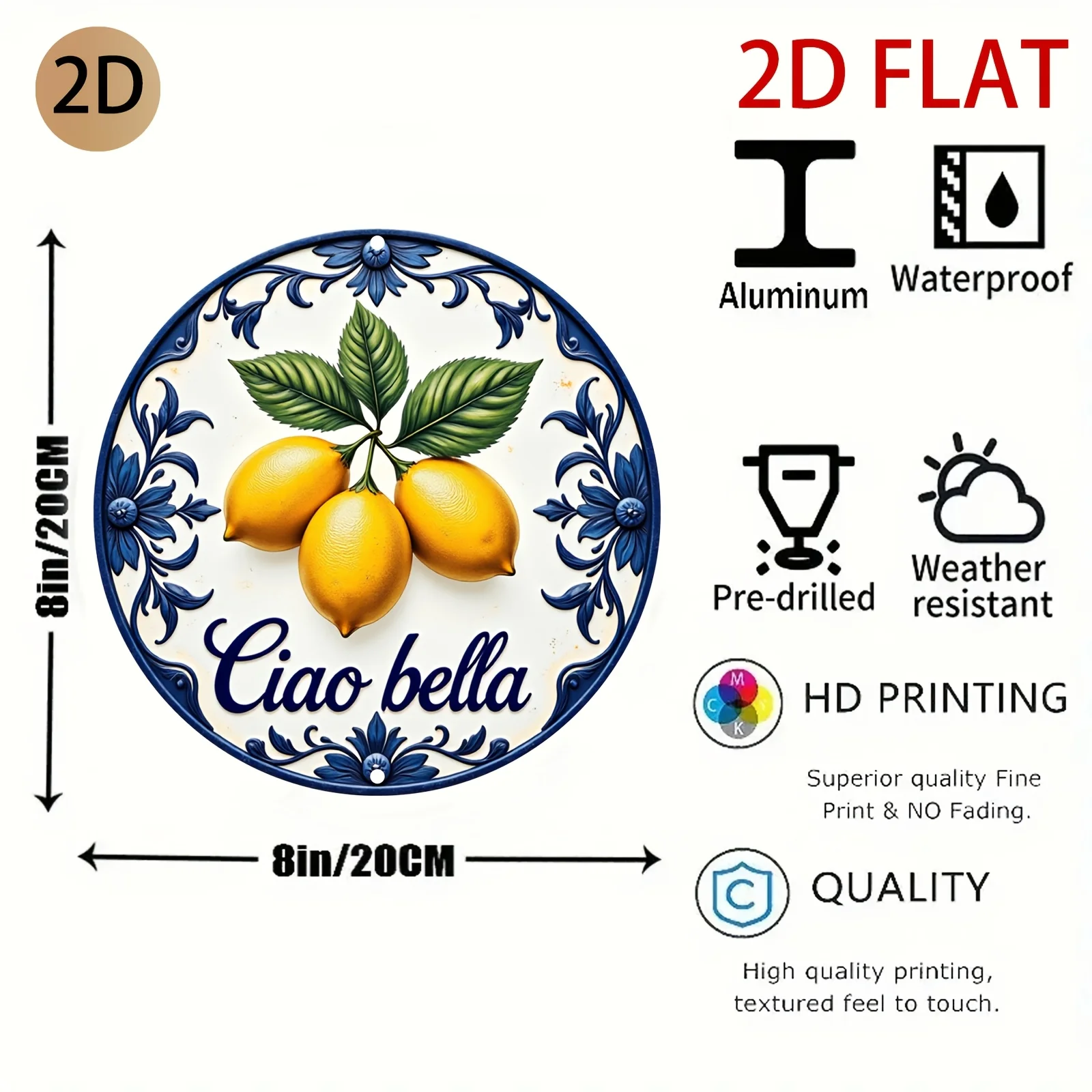 2D Plane Italian Themed Ceramic Wall Art with Lemon Motif and Ciao Bella Text, 2D Flat, Perfect for Room Decor