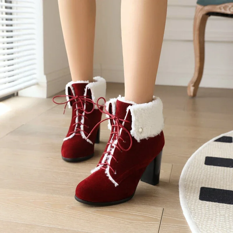 BLXQPYT Zapatos De Mujer حذاء من الجلد النساء موضة جولة تو عبر تعادل منصة الكعوب حذاء الثلج عالي الرقبة دافئ حجم كبير 46 47 أحذية W-3