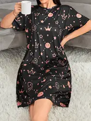 Large size women's pajamas  home clothing casual round neck smiling face crown short sleeved pajama skirt