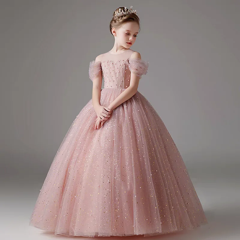 Perlenkindkleid aus Tüll, Kleid rosa Prinzessin