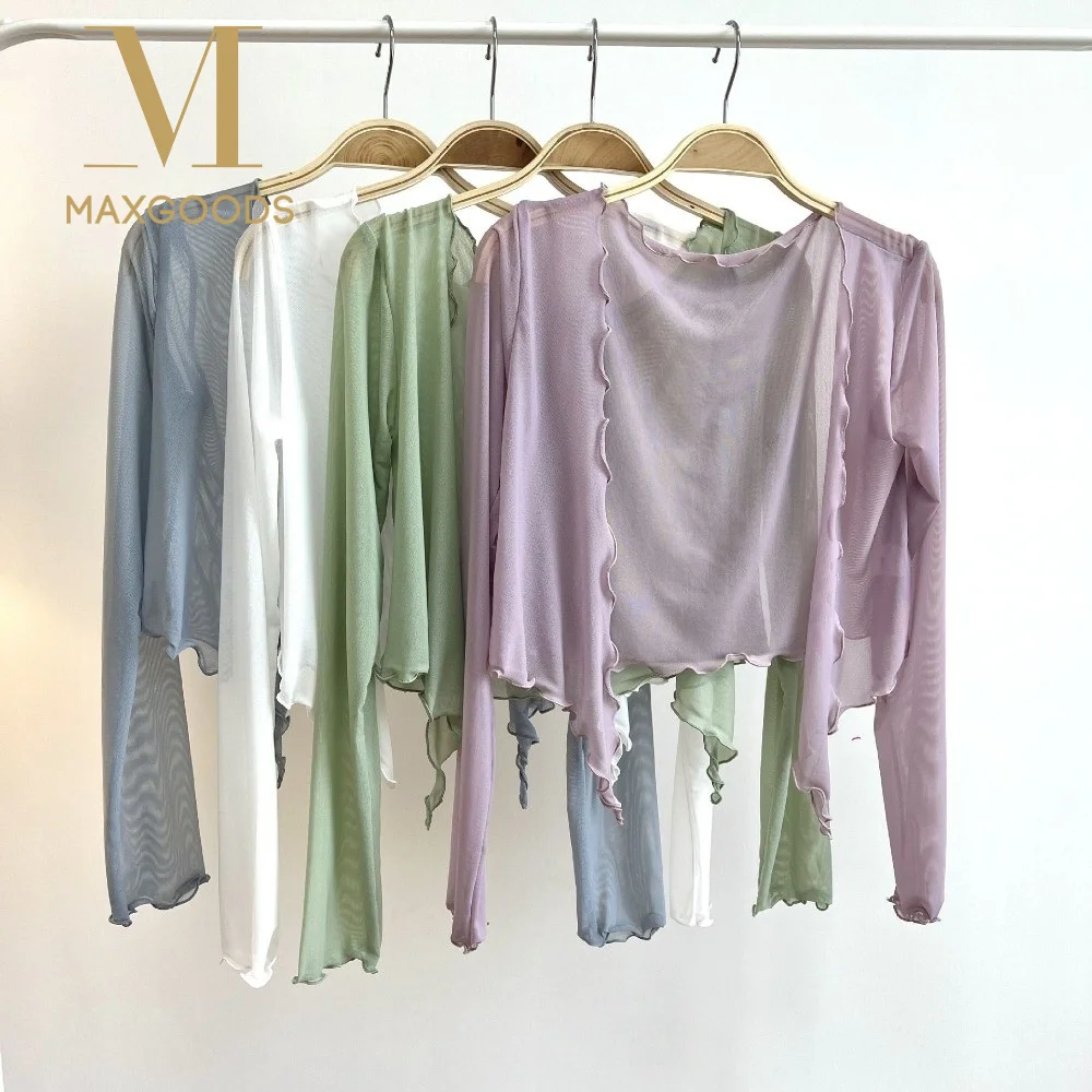 Harajuku Fashion Thin Sun-proof Jackets Mesh Ruffled Edge Crop Cardigan Pure Colo Lace Cardigan Dance Practice