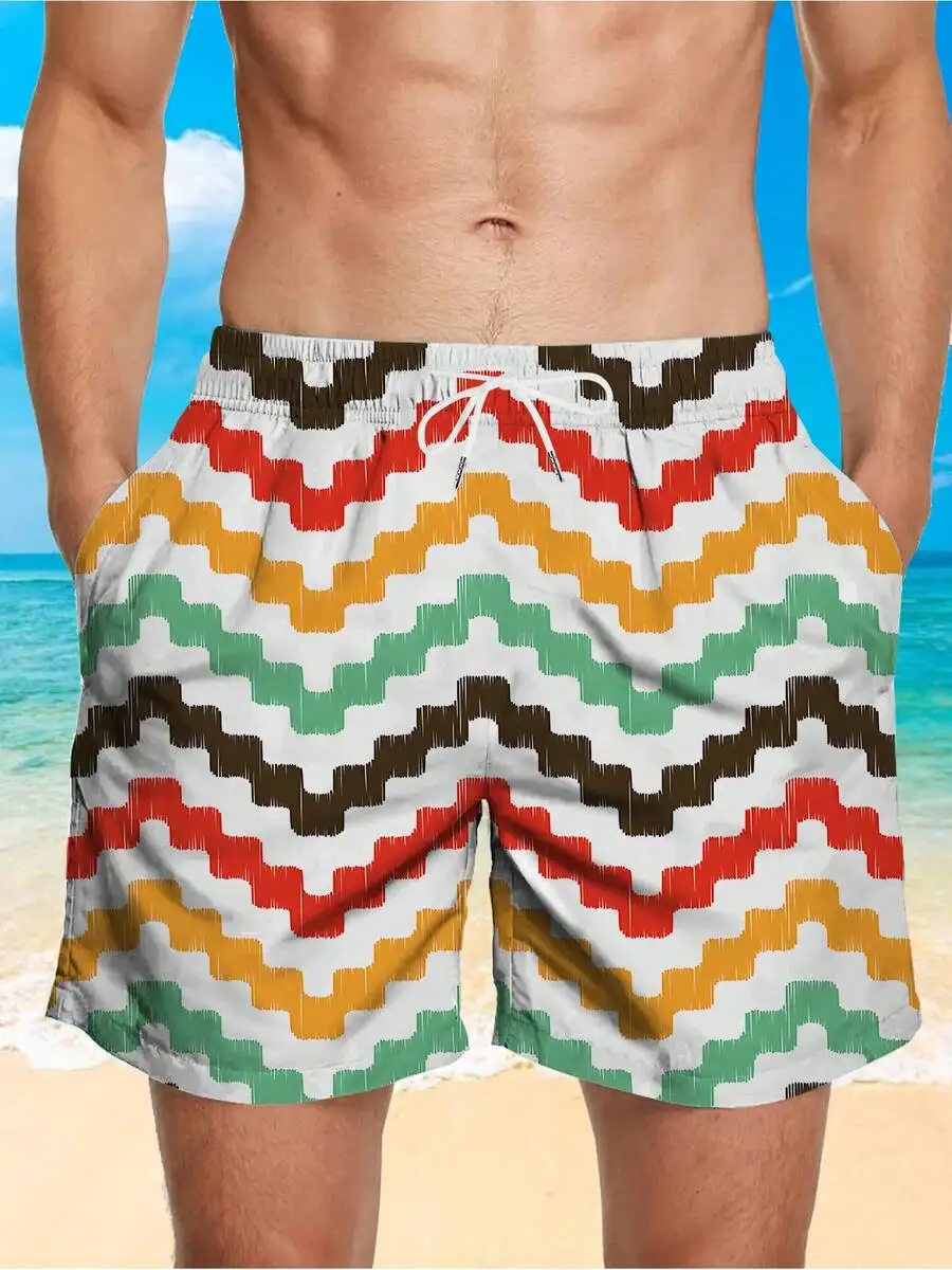 

Mens Summer Beach Shorts Featuring Bold Zigzag Digital Print, Lightweight Breathable Fabric, Drawstring Waist With Side Pockets