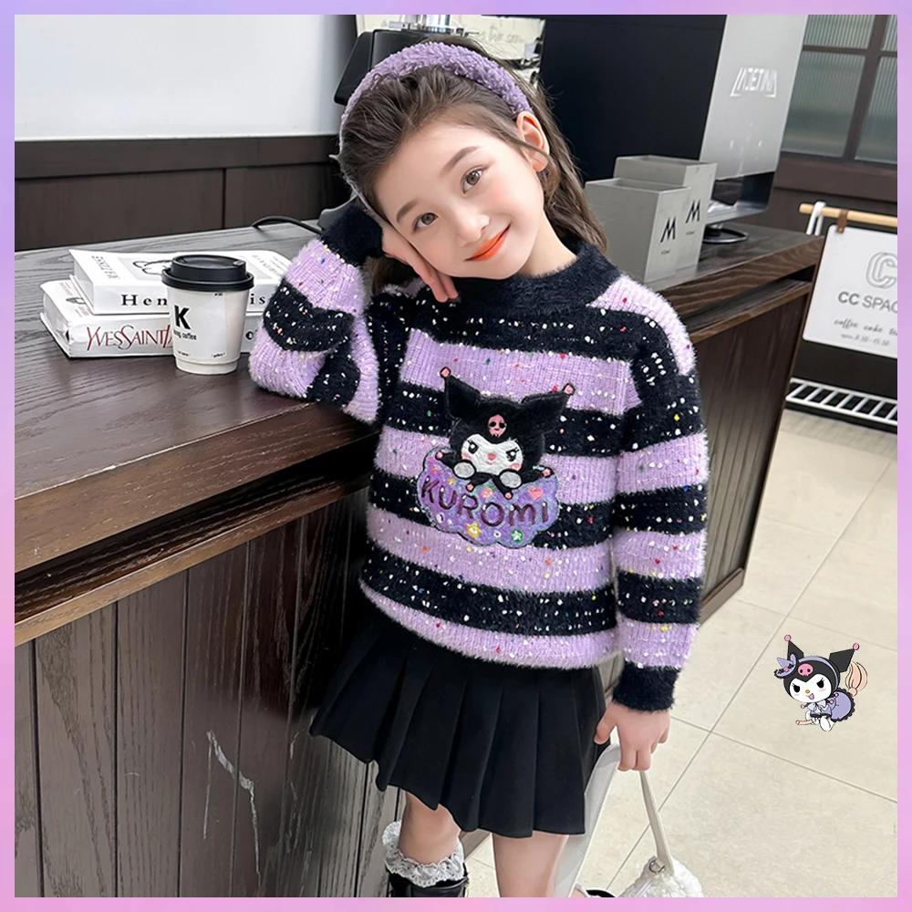 Anime Kuromi Melody Children Sweater Cinnamoroll Knit Sweater Kawaii Sanrios Autumn Winter Round Neck Pullover Bottoming Sweater