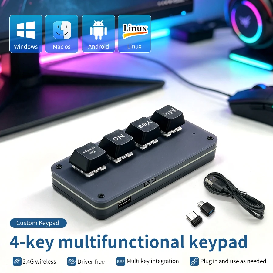4 Key Voice Input Macro Keyboard Programmable RGB Keypad Wired/Wireless Dual Mode Mini Custom Macropad for Gaming PS Drawing
