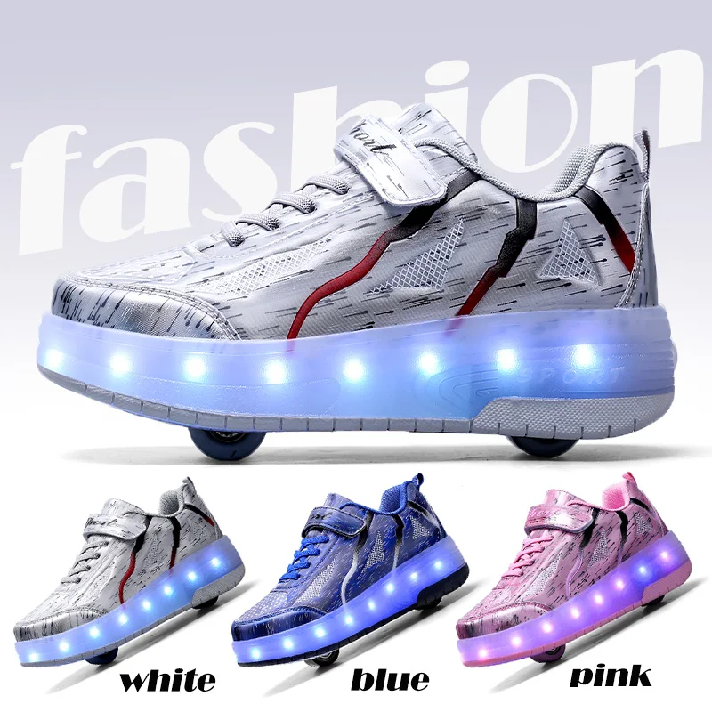 Children's 2-Wheels Skates Led Light Dual-Use Roller Shoes Outdoor Skating Sport Beginner Double Row Casual Shoes