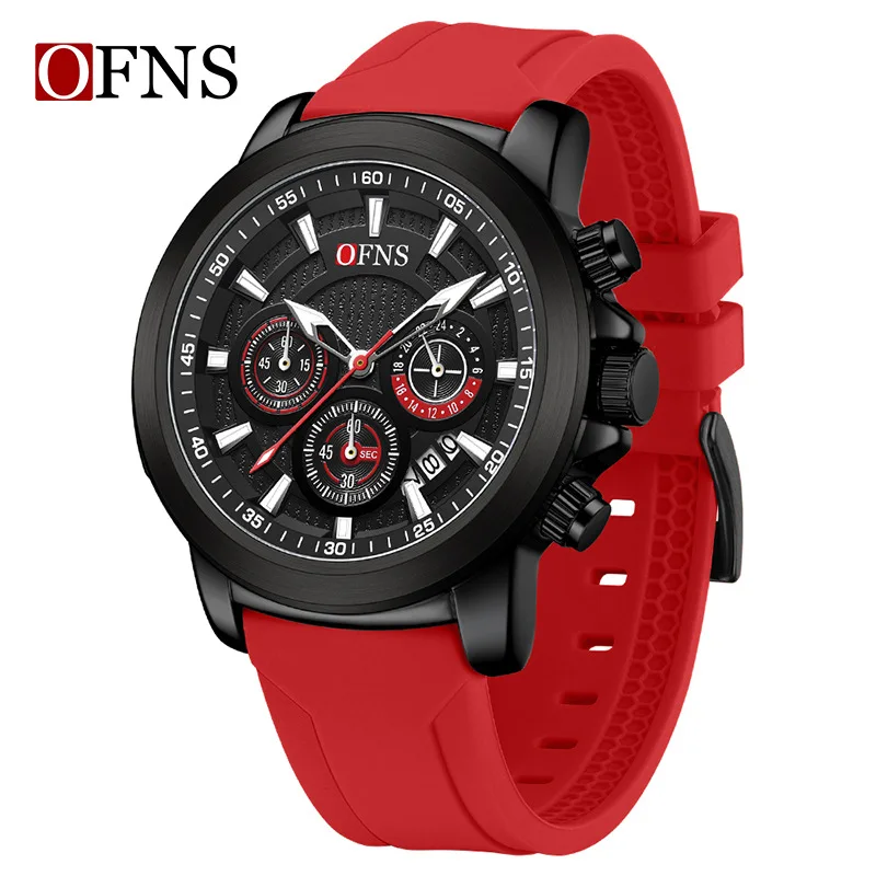 OFNS-Montre à Quartz avec Calendrier Multifonctionnel pour Homme, Chronométrage d'Affaires, Bracelet en Silicone, Noir, Rouge, Jaune, Bleu, 1603