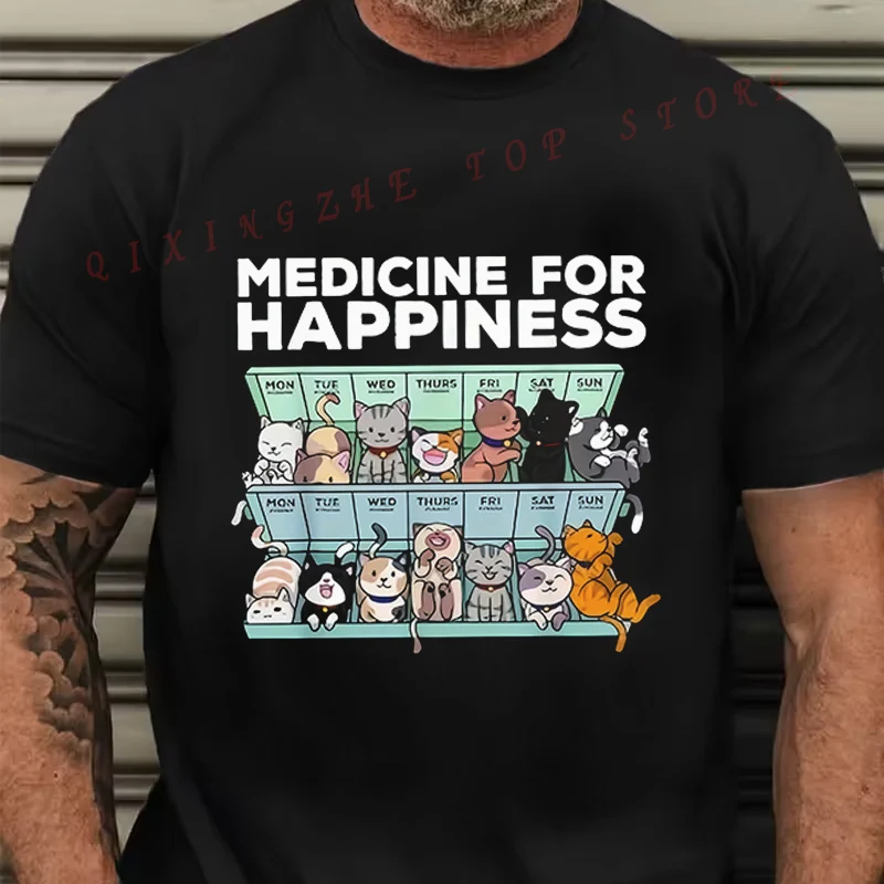 

Men's 'Medicine For Happiness' Graphic T-Shirt - Fun Black Tee Featuring Cartoon Cats For Each Day Of Th O-neck Short Sleeve Tee