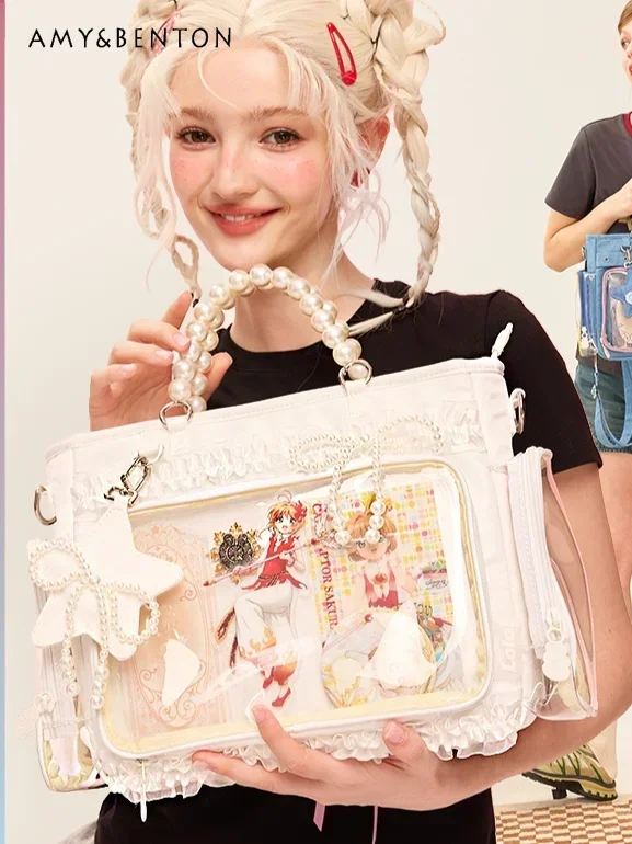 Sweet Heavy Industry Star Pendant Pearl Shoulder Bag Transparent Large Capacity Tote Bag Preppy Style Kawaii Tote Bag Student