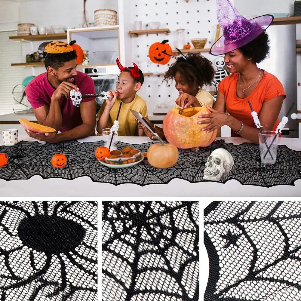 Black Lace Spider Web Table Runner Halloween Party Kitchen Dining Indoor Outdoor Spooky Home Coffee Table Decoration Supply