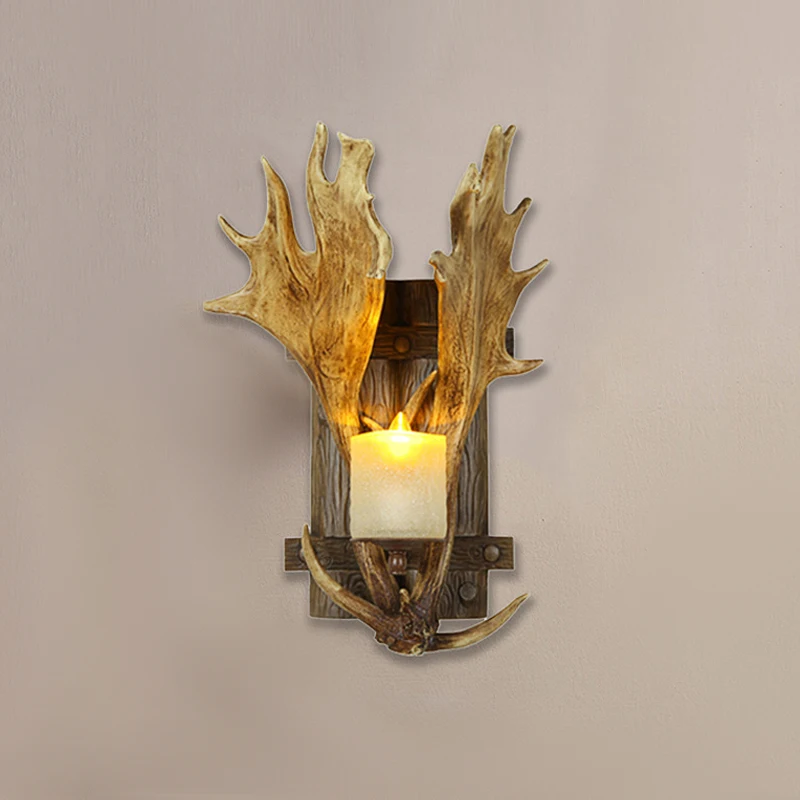 

American Retro Resin Antler Wall Lamp Scottish Retro Style Living Room Coffee Shop Bedside Hotel Entrance Led Decorative Light