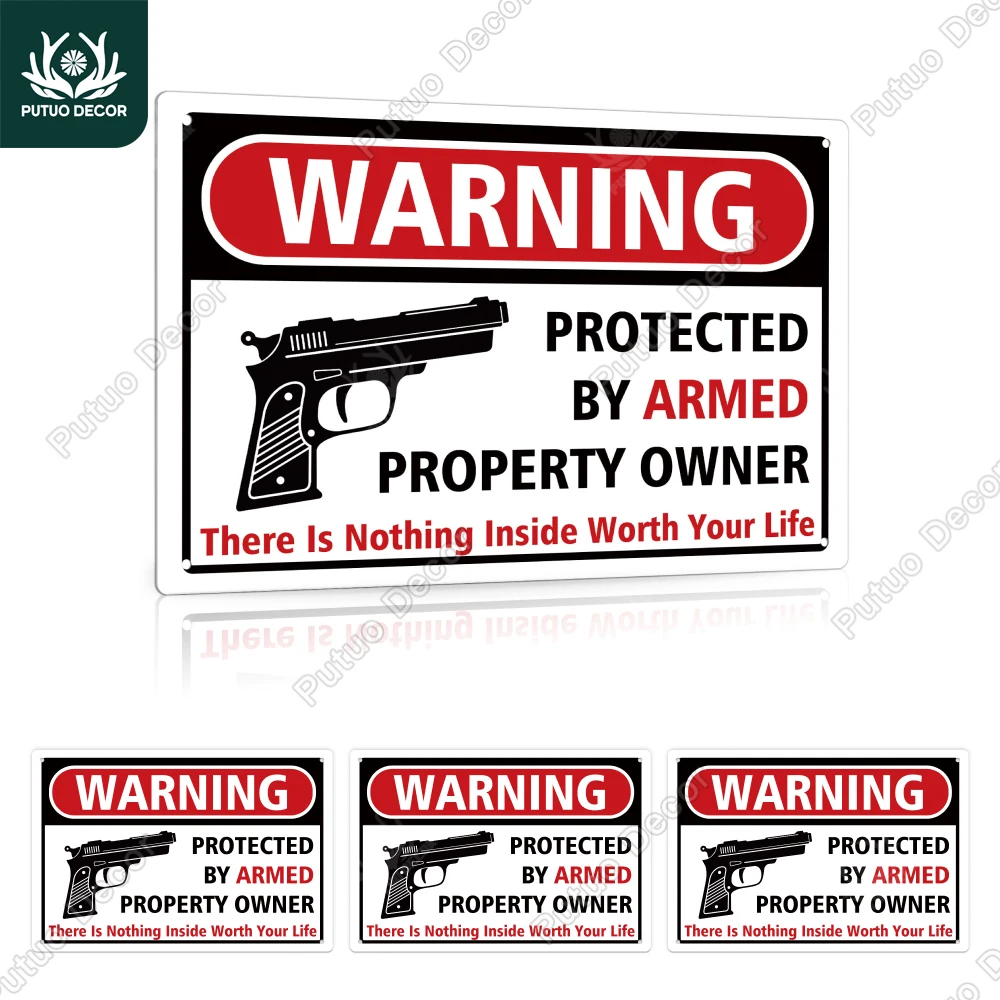 Putuo Decor 4pc Warning Wall Metal Sign，Pistol Mark，By Armed, Vintage Decorative Plaque for Family, backyard Warning