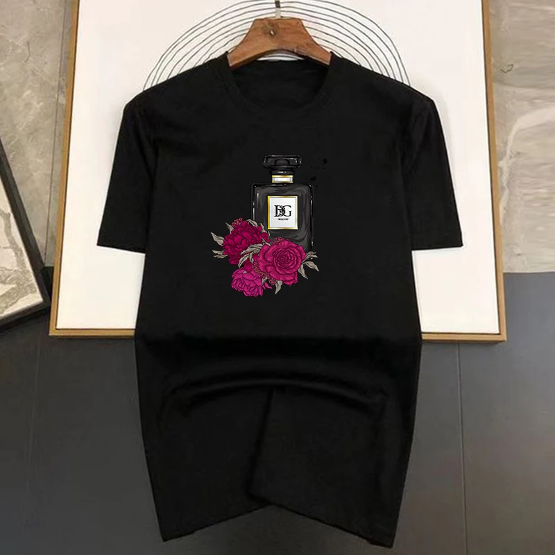 Camiseta de cuello redondo para mujer, Top de algodón puro con estampado de perfume negro y Cupcakes, a la moda, novedad de verano, 2024