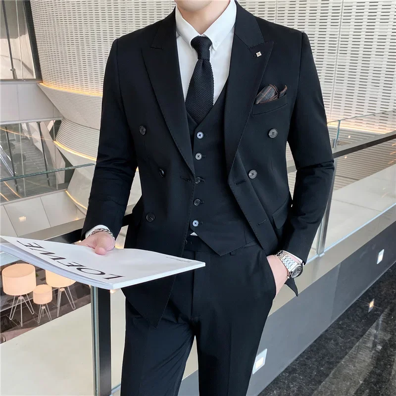 

3159 Casual Slim Suit Jacket British Three-piece Korean Suit Suit Slim Double-breasted Dress