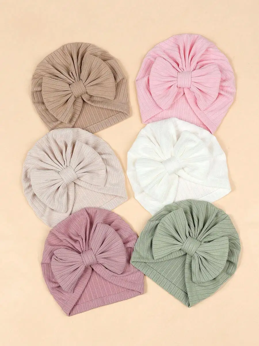 

6pcs Bowknot Beanie Hat For Women Soft Ribbed Knit Turban Cap All Seasons