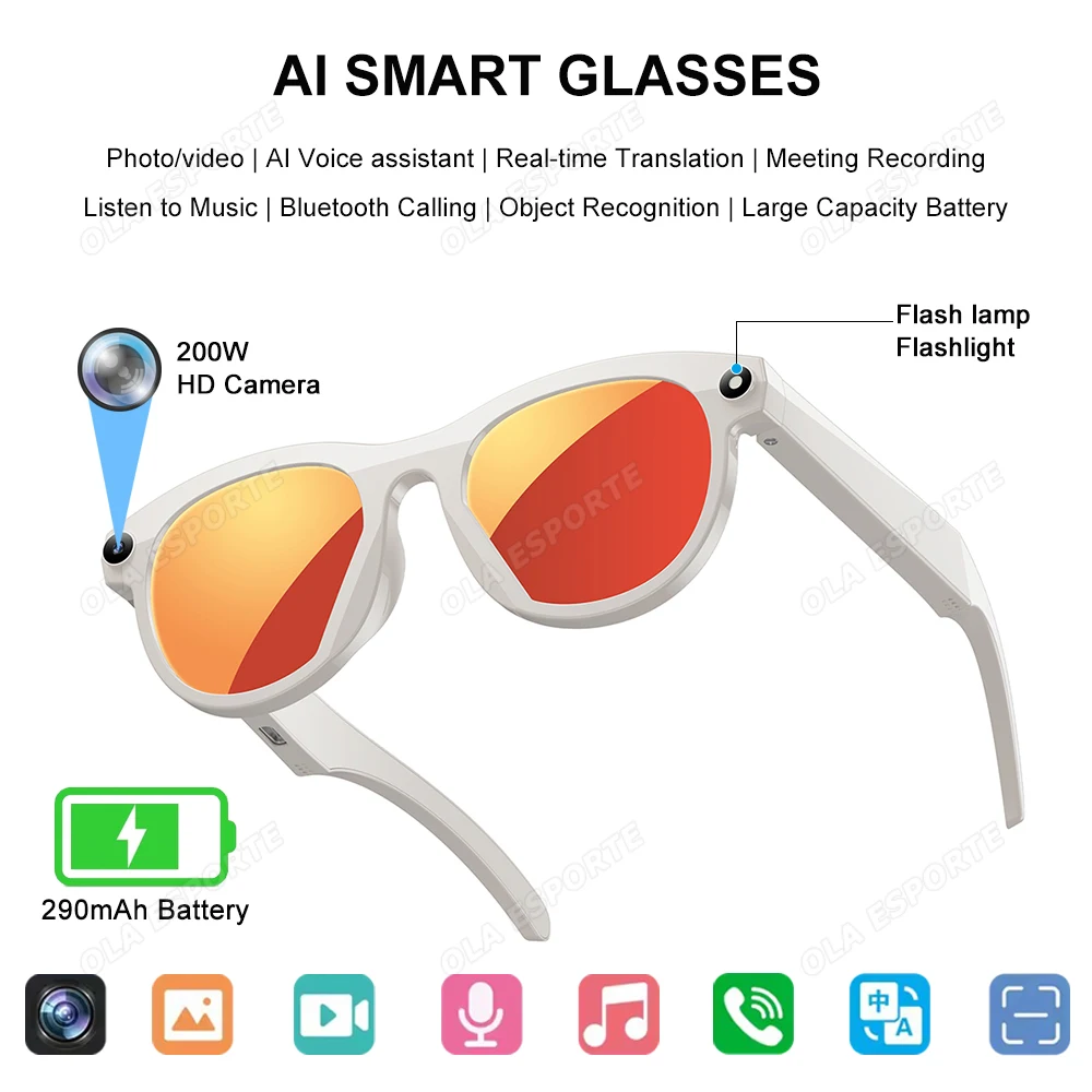 Nuevas gafas inteligentes Bluetooth llamada 200w cámara HD grabación de vídeo gafas de sol traducción en tiempo Real gafas AI reuniones y viajes