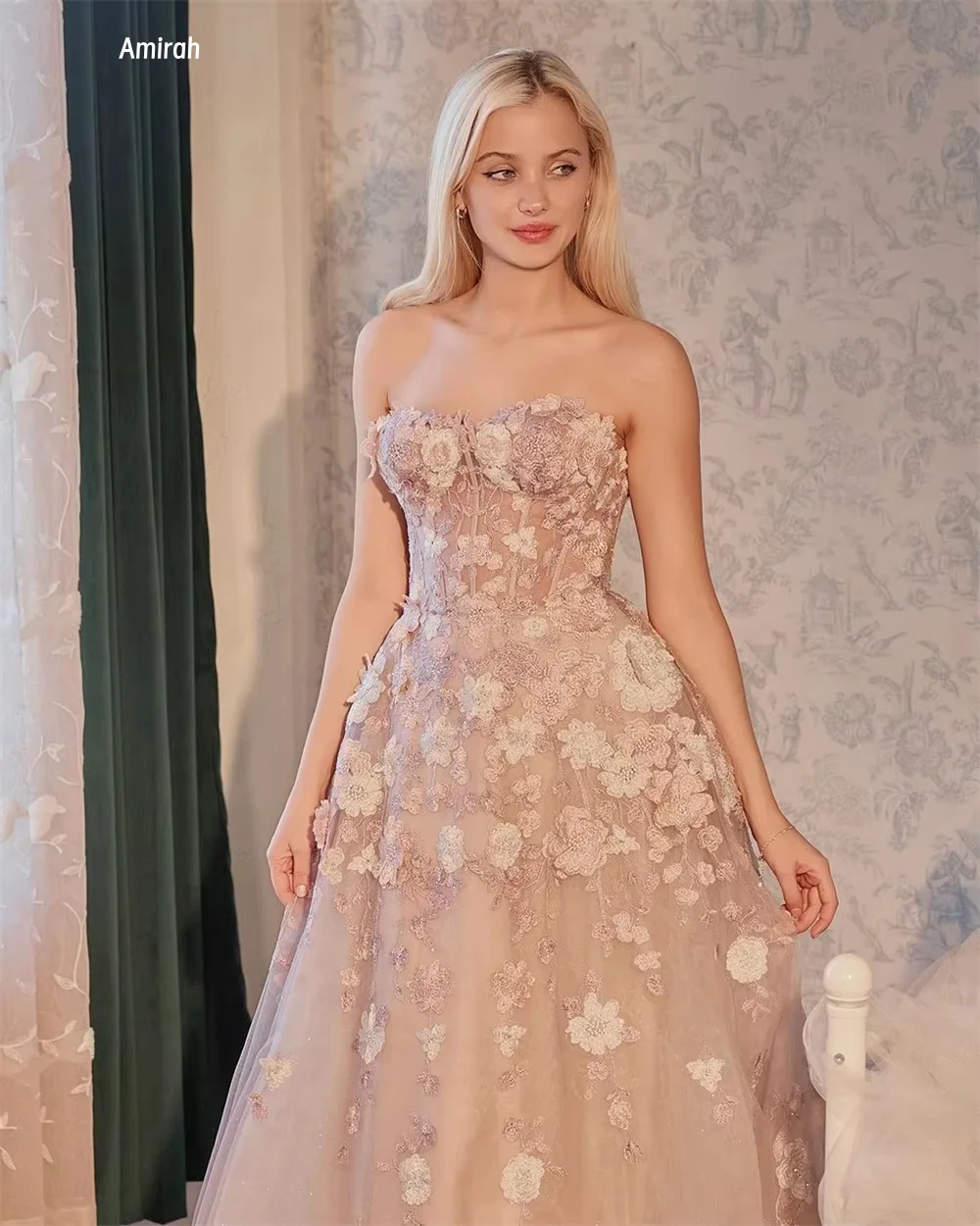 فساتين سهرة من Amirah Tulle للمناسبات الخاصة مصنوعة حسب الطلب فستان طويل أنيق على شكل حرف a وردي بدون أكتاف بدون أكمام للحفلات الراقصة #2