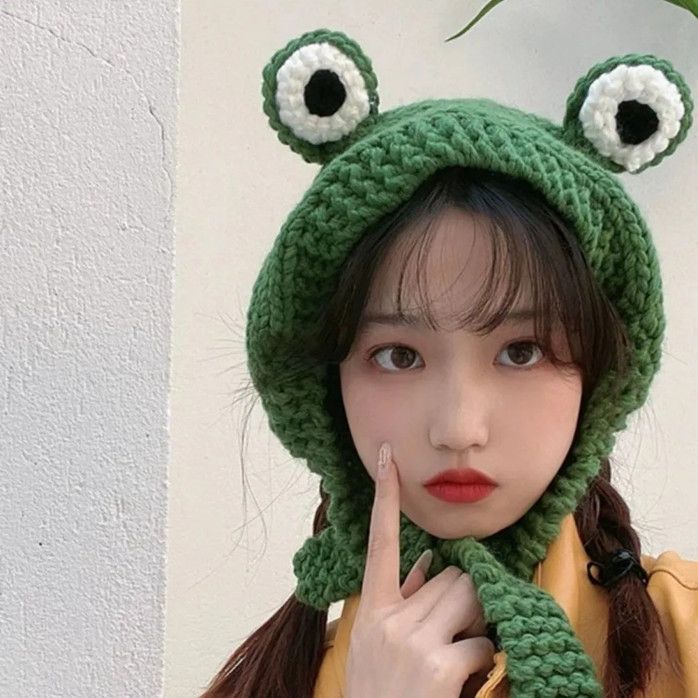 Gift Idea Cute Knitted Frog Hat Warm Korean Style Women Beanie Hat Knitted Warm Hat Cap Winter Season