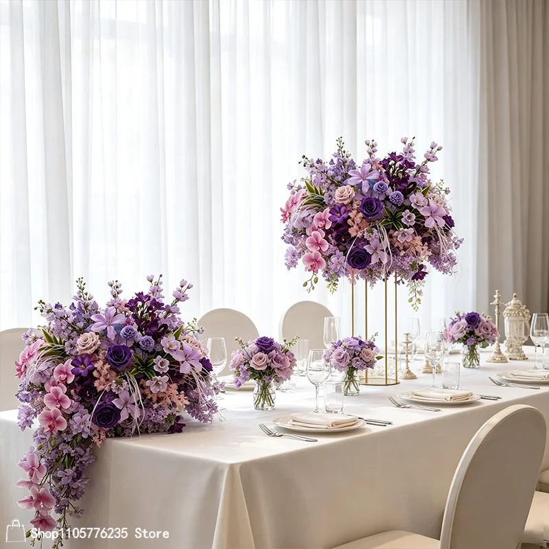 Hochzeitsbankett-Tischdekoration Künstliche Lila Blumenarrangements Rosen-Orchideen-Blumengesteck für Party-Event Heimdekoration – Detail 2