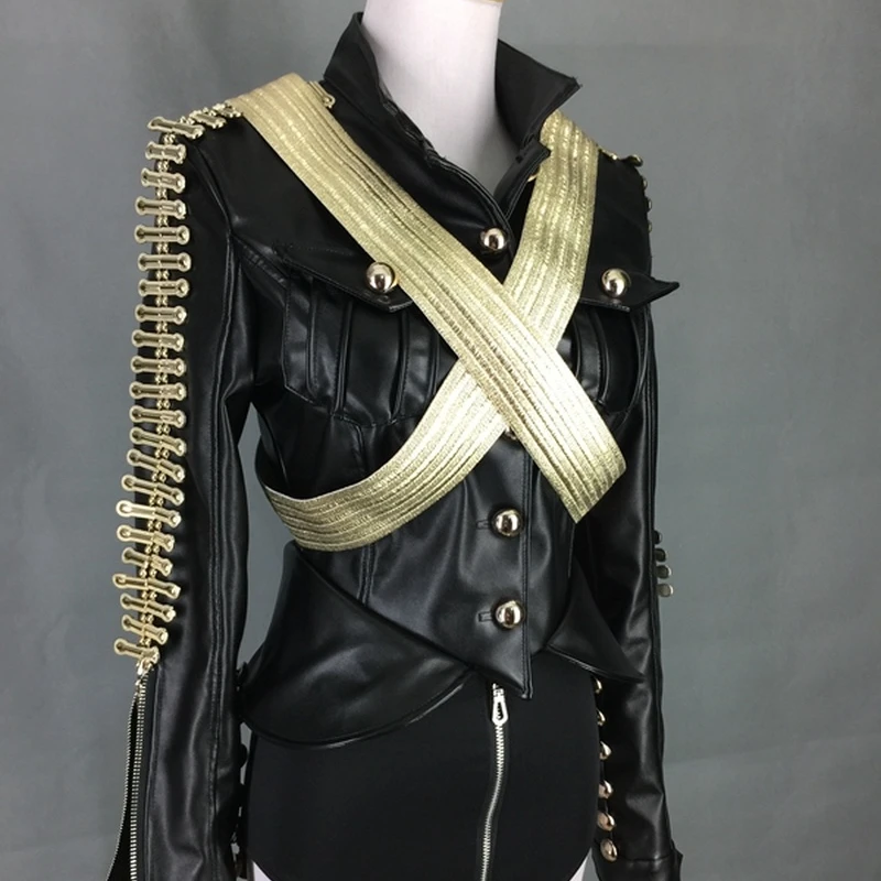 Stage Costumes for Singers Dance Clothes Dj Service Leather Military Roupa Feminina Rhinestone Bodysuit 2 Pcs/Set