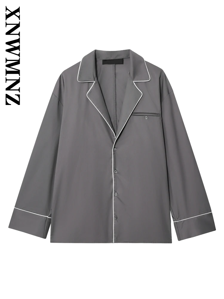 

XNWMNZ 2025 Autumn New Lady European and American Chic Notched Collar Shirt Simple Sophisticated Female Grey Long Sleeve Fashion