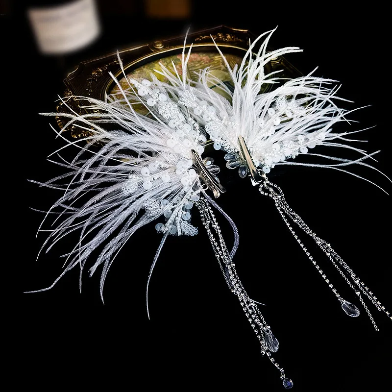 Luxury Crystal Headpiece with Feather Hair Clips for Wedding and Bridal Hair Accessory