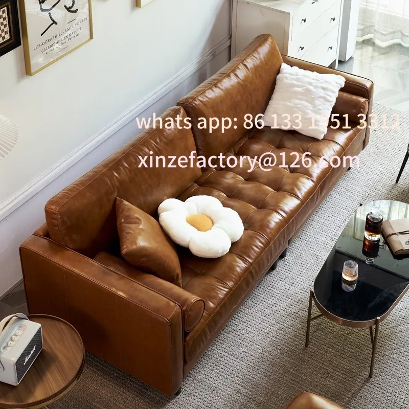 أريكة جلدية قابلة للتخصيص، شقة صغيرة، طبقة أولى من جلد البقر، طراز متوسط قديم، شمع زيتي، جلد أمريكي قديم، إيطالي