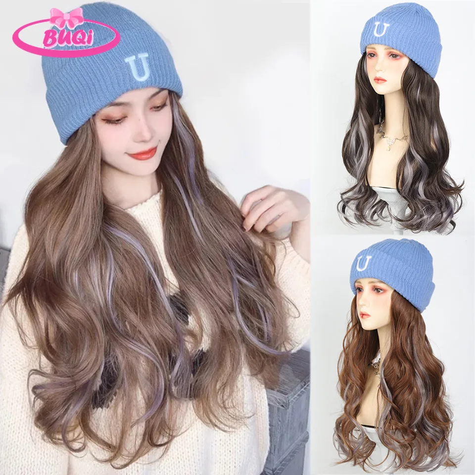 Hat Wig Beanies Hat With Hair Wigs For Women Synthetic Long Wavy Hair Warm Soft Ski Knitted Autumn Winter Cap Heat Resistant