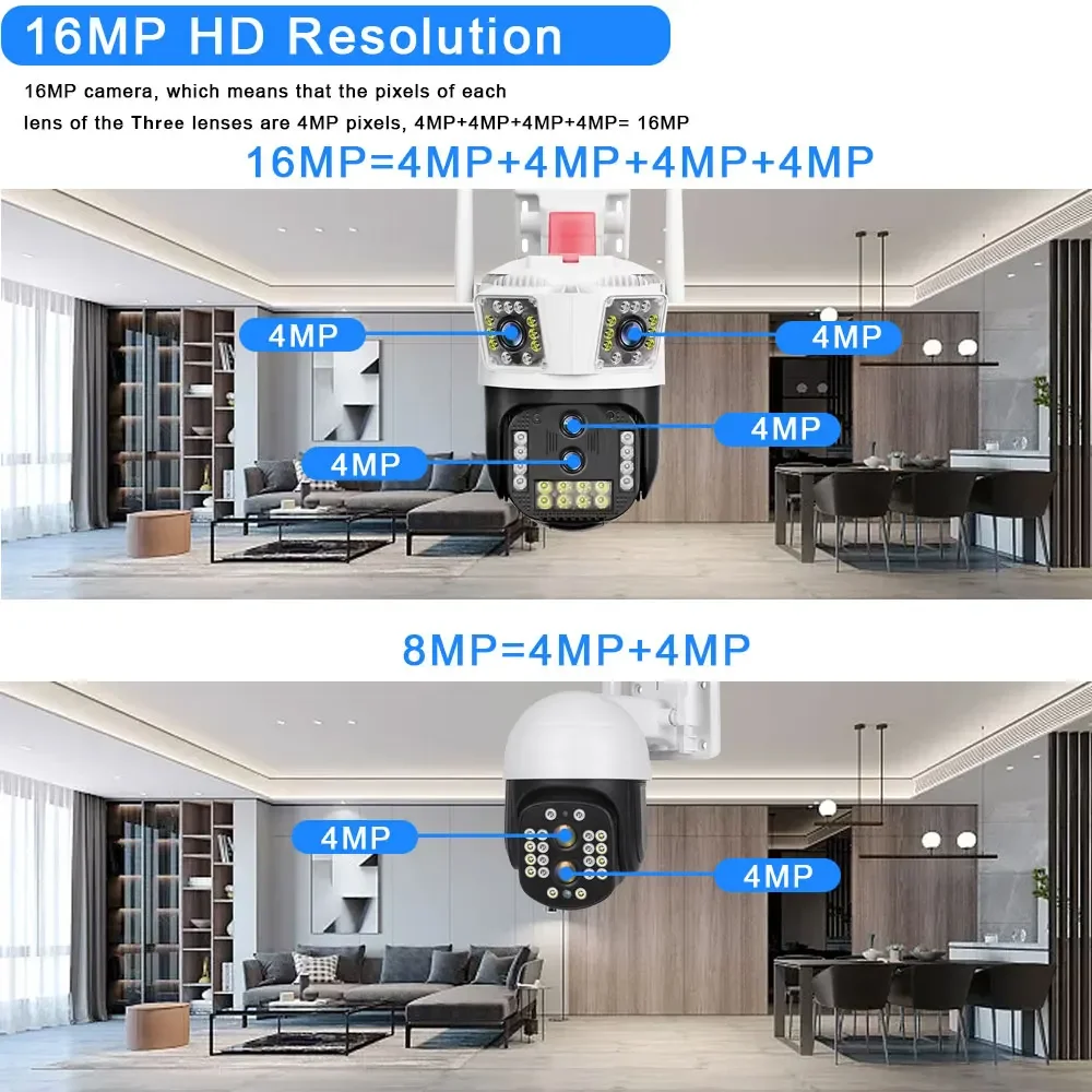 8K 16MP PTZ WiFi Camera Four Lens Three-Screen 10X Zoom Auto Tracking Outdoor Video Security Protection Waterproof Surveillance