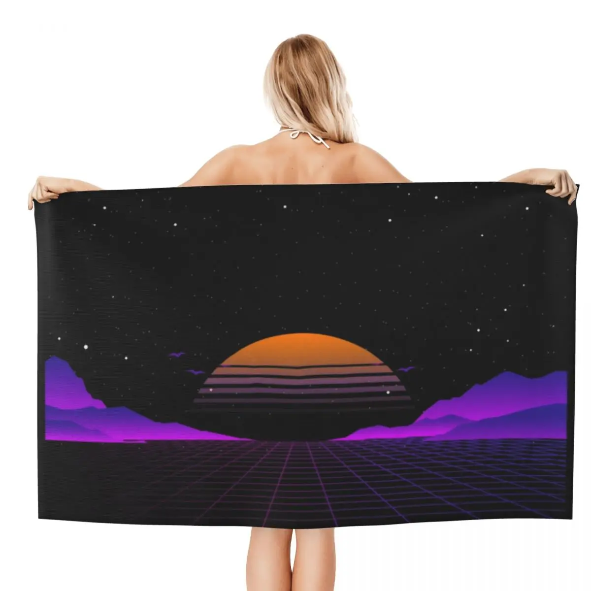 Customized Vaporwave Outrun Sunset Beach Bath Towel Microfiber 80s Retro Japanese Aesthetic Travelling Swimming Camping Towels