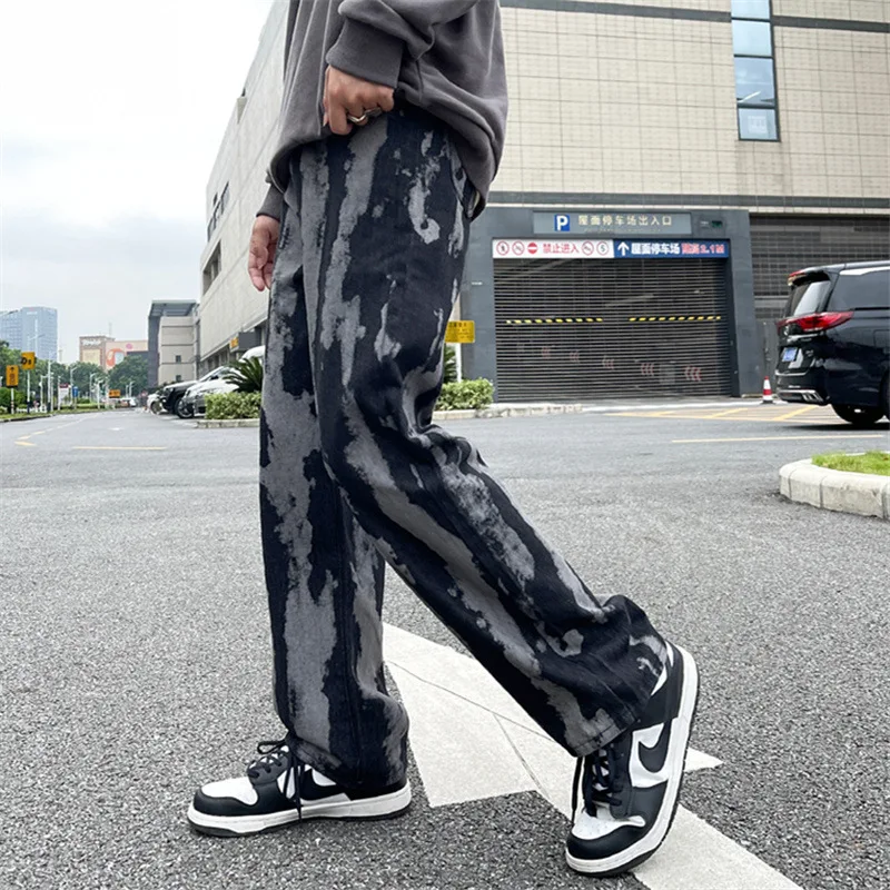 ICCLEK American High Street Jeans Retro Tie-dye Jeans Men's Jeans Straight Loose Pants Casual Wide-leg Trousers Denim Jeans