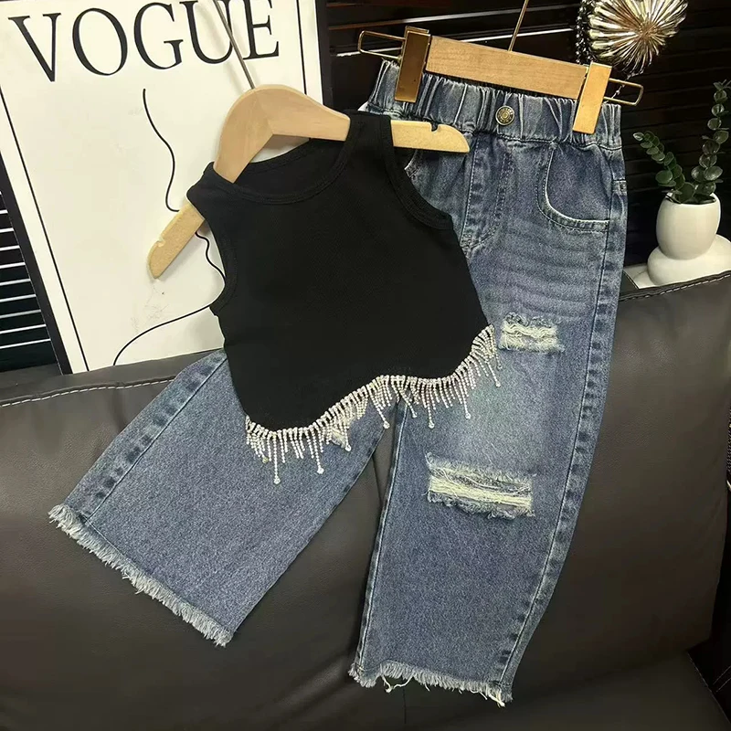 3 4 5 6 7 8 Years Summer Girls Clothing Sets New Fashion Tassel Tops + Denim Wide-leg Pants 2Pcs Outfits Kids Tracksuit Suits