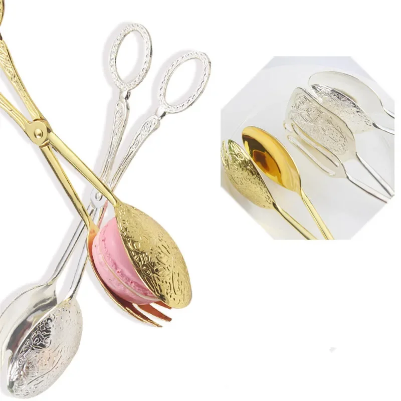 Retro European-Style Gold-Plated Zinc Alloy Cake Salad Dessert Baking BBQ Food Tongs Snack Clip Pastry Clamp