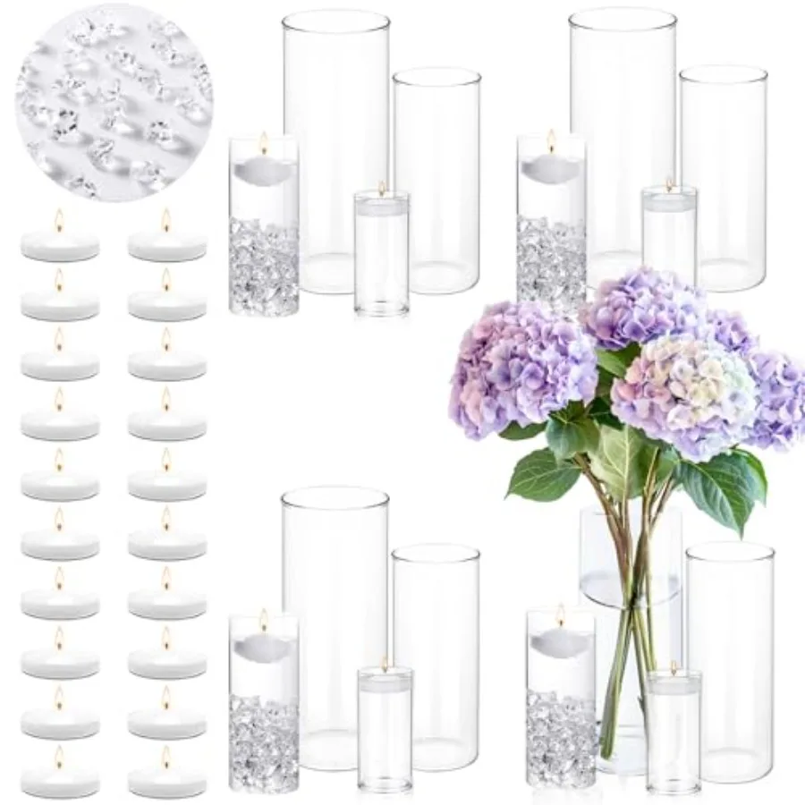 

20 белых плавающих свечей и 16 стеклянных ваз для центральных композиций с 400 искусственными акриловыми камнями для наполнения ваз, плавающие свечи