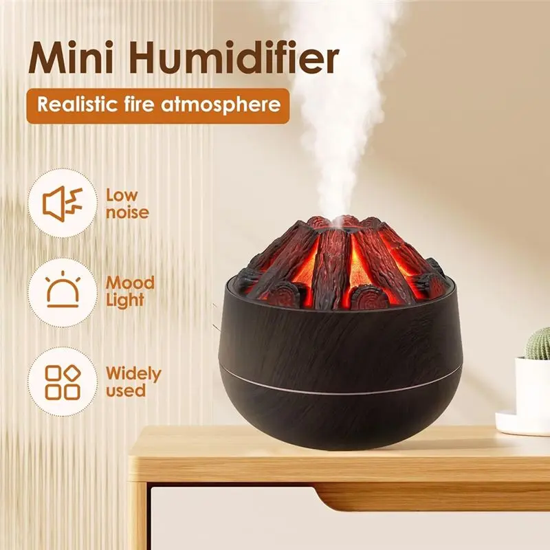 Limited Edition 300Ml Bonfire Humidifier USB Noiseless Flame Essential Diffuser Auto-Off Wood Grain For Home Office Gym Dark Woo