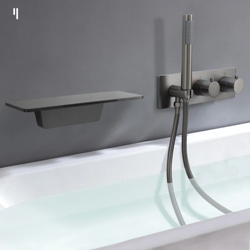 Thermostatic bathtub faucet hot and cold gun grey copper concealed wall type hidden waterfall shower set