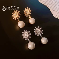 2025 Korean Fashion Zircon Metal Snowflake Pearl Pendant Earrings Set For Women's New Year Accessory Micro Inlaid Jewelry Design