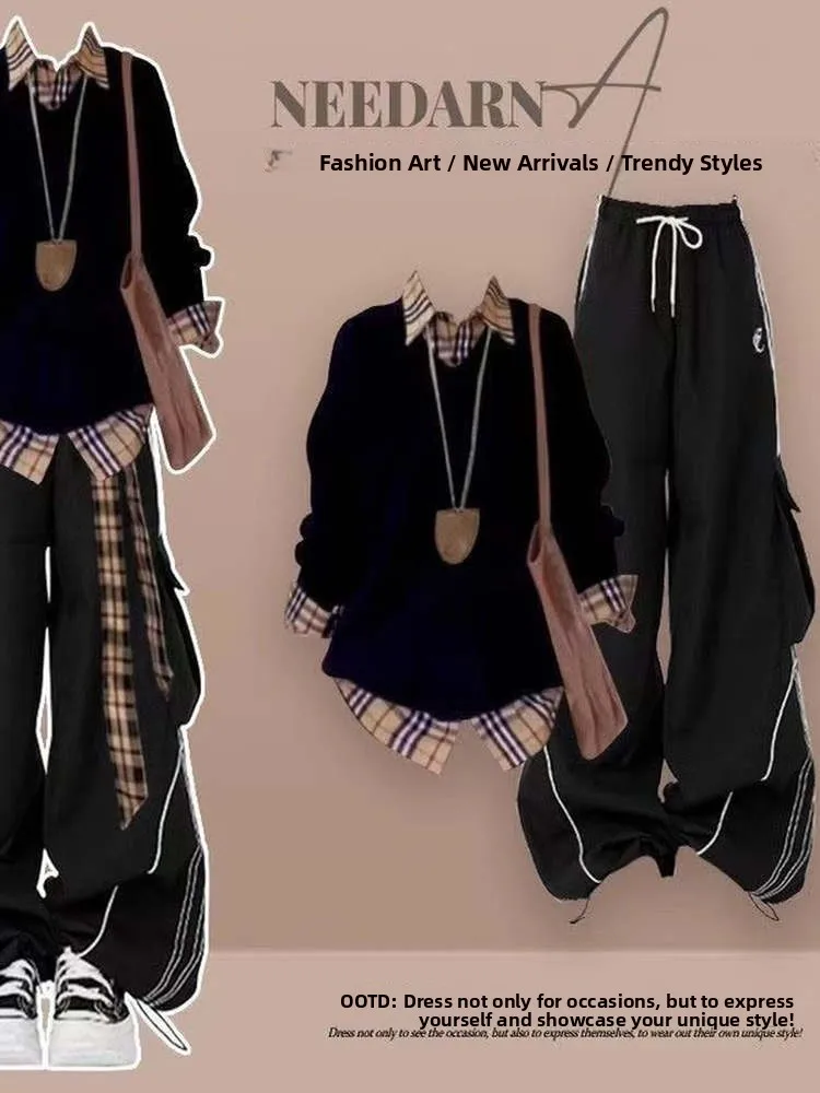 

Корейский Sle Lazy Vintage Plaid irt поддельный свитшот из двух предметов, один комплект, свободная рабочая одежда, брюки, один комплект, повседневный ансамбль Faion