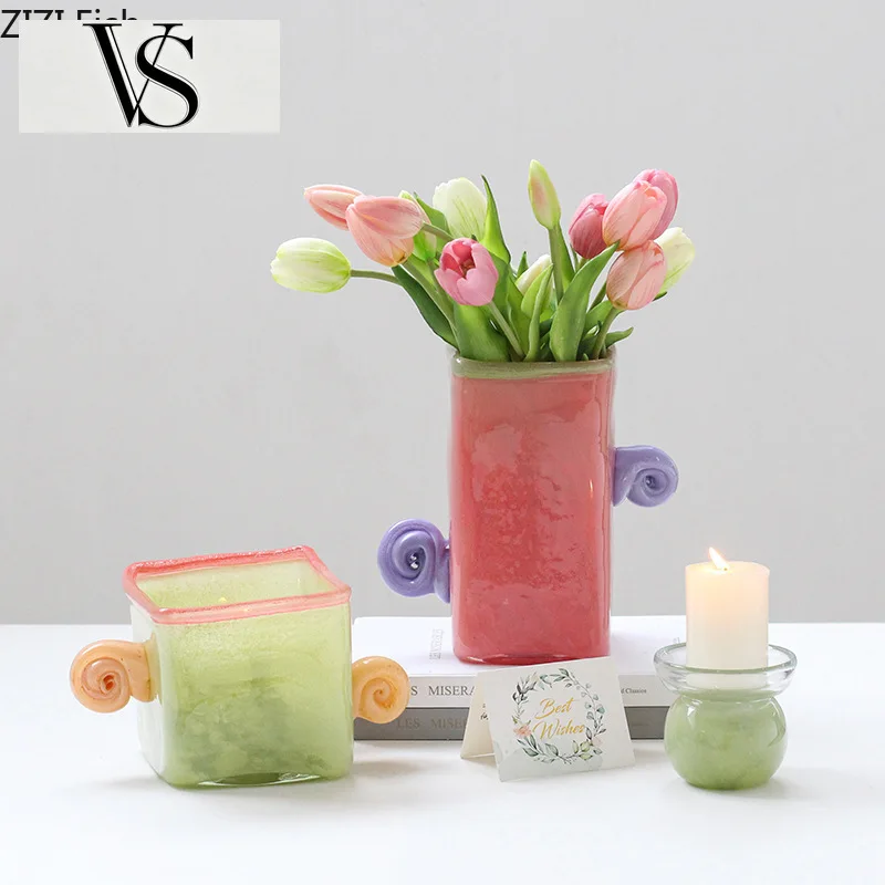 Colored Utensils Flower Hydroponic Flower Arrangement Vase Vessels Decorative Vases Eared Double Square Glass Vase Candy