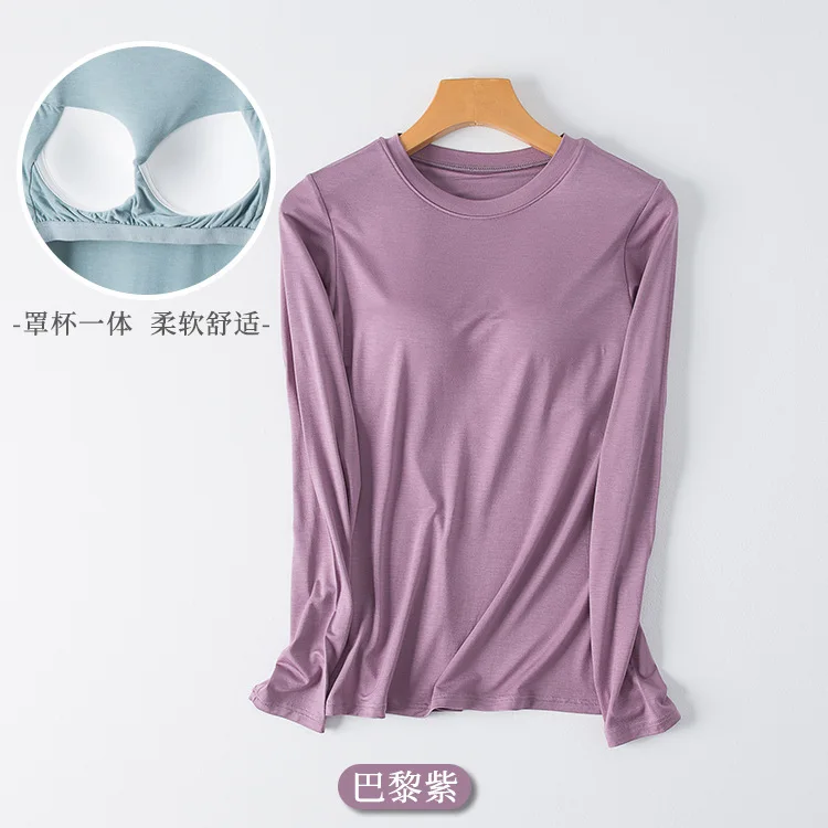 Primavera y otoño nuevos pijamas de mujer tops cuello redondo modal con almohadillas para el pecho camisetas de manga larga camisas de fondo ropa de