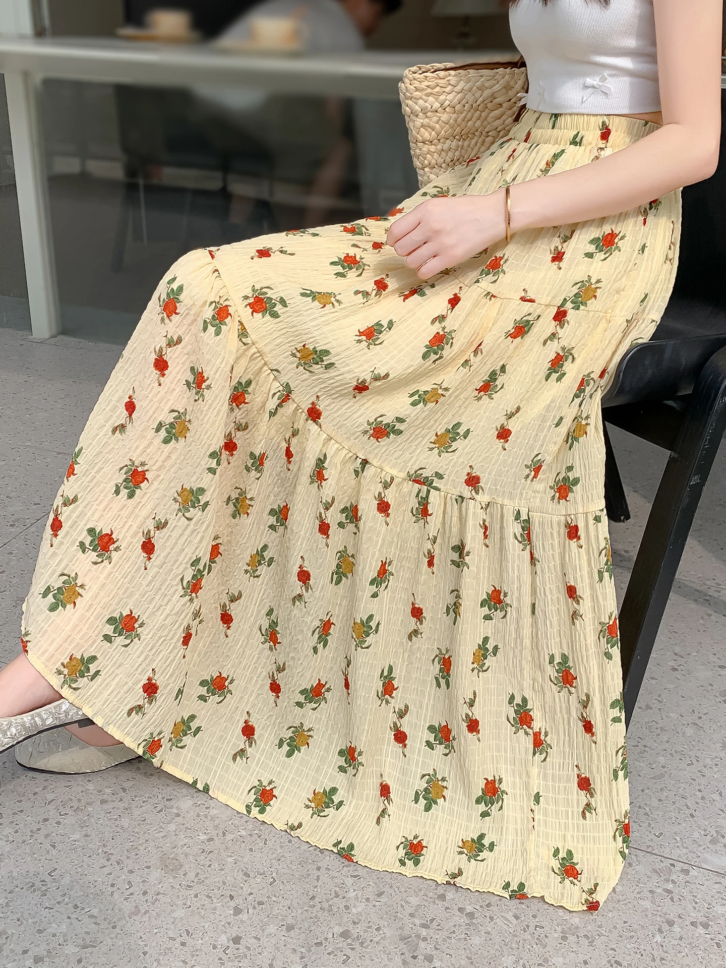 

Женская летняя юбка-полусолнце А-силуэта с цветочным принтом Dopamine Yellow, с эффектом омоложения, в корейском стиле, для повседневной носки