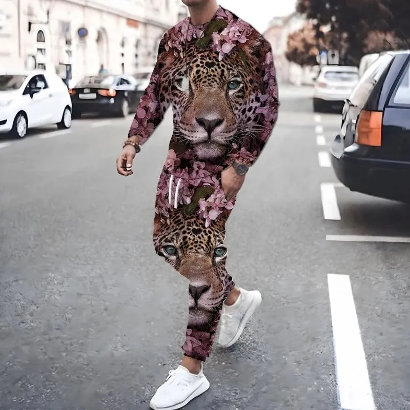 Fashion Tiger Cheetah 3D Printed Men\'s Sportswear Set Casual Long-sleeved Tops Pants 2 Sets Of Oversized Pullover Men\'s Clothing